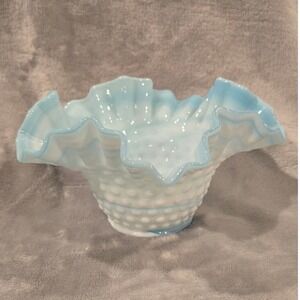 Vintage Kanawha Blue‎ and White Hobnail Slag Bowl with Ruffled Edges